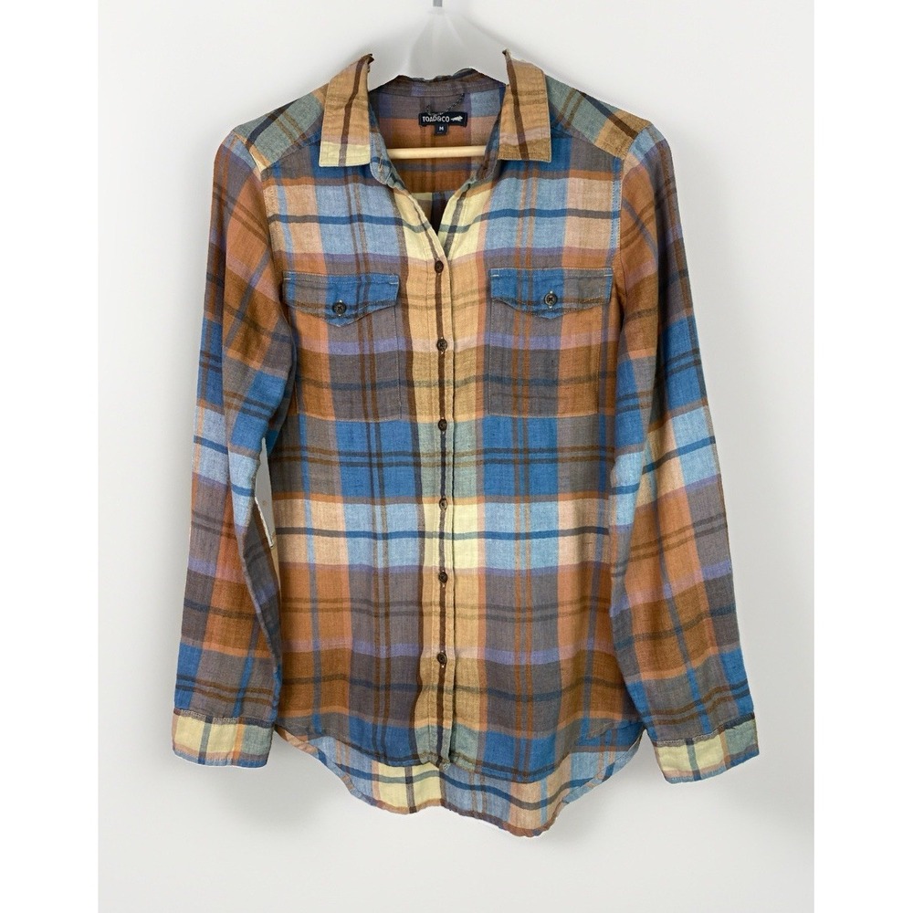 Toad & Co Men's M Blue Brown Plaid Long Sleeve Button Up Shirt